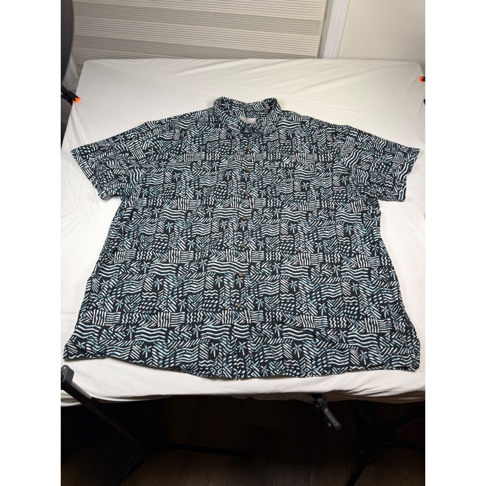 Oak Hill Mens 3XL Short Sleeve Button Down Shirt Tribal Palm Tree Black Blue